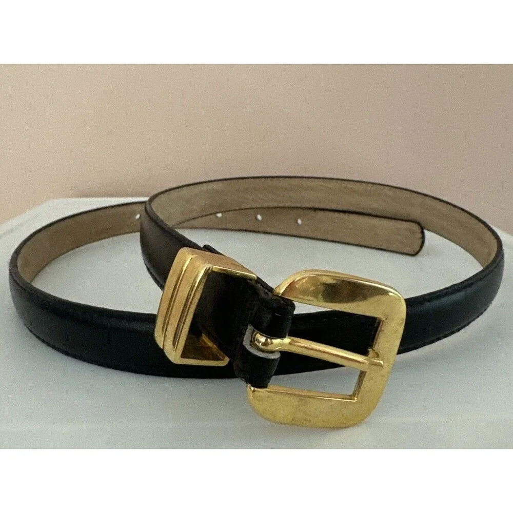 Nordstrom Size M/L Black Leather Belt 3/4” Vintage Unique Gold Buckle